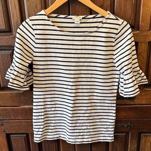 J. Crew Black and White Striped Ruffle Sleeve Tee